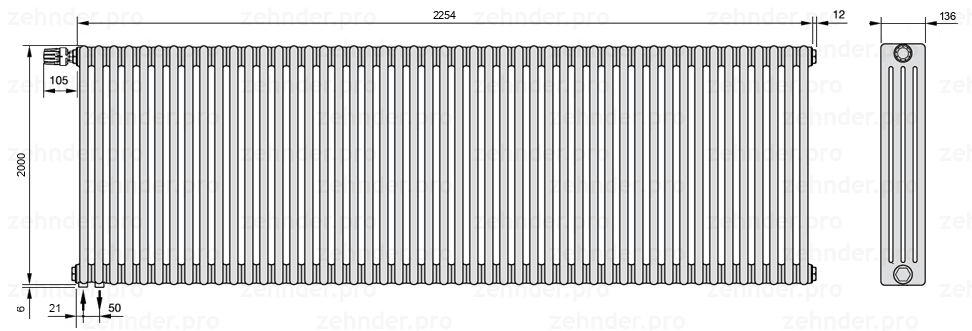 Схема (чертеж) Радиатор Zehnder Charleston 4200/49 №V001 Белый глянцевый RAL 9016